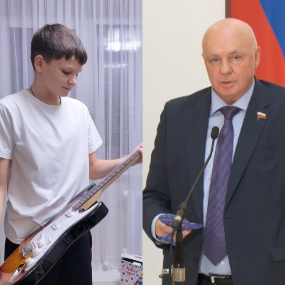 Сенатор Андрей Шохин и муромский школьник Артём Гераськин с электрогитарой